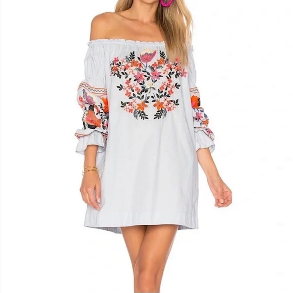Free People Egg-Shell Blue Off-Shoulder Mini-Dress with Neon Embroidered Design